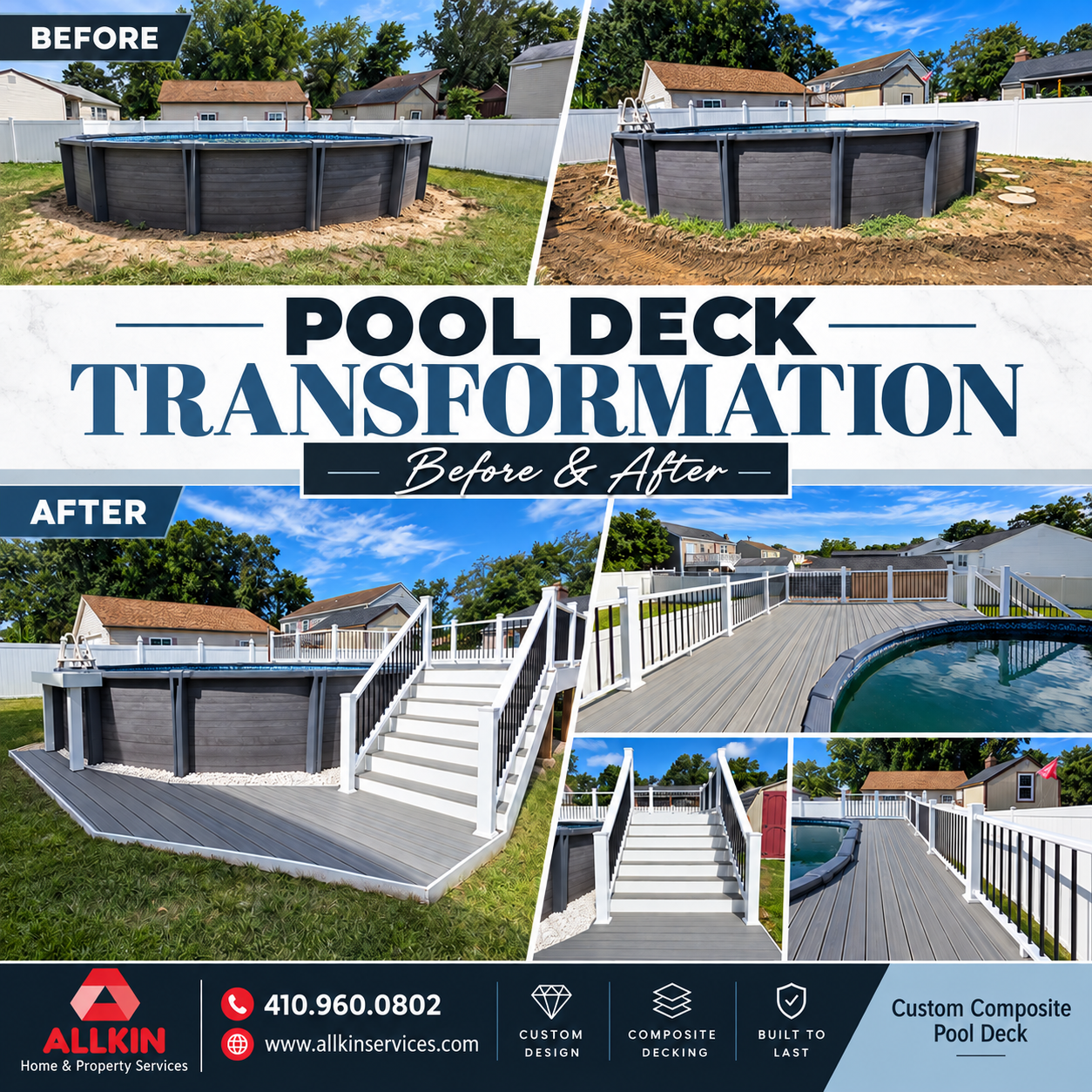 Complete Allkin pool deck transformation graphic showing the bare above-ground pool before and the finished composite deck, railings and stairs after