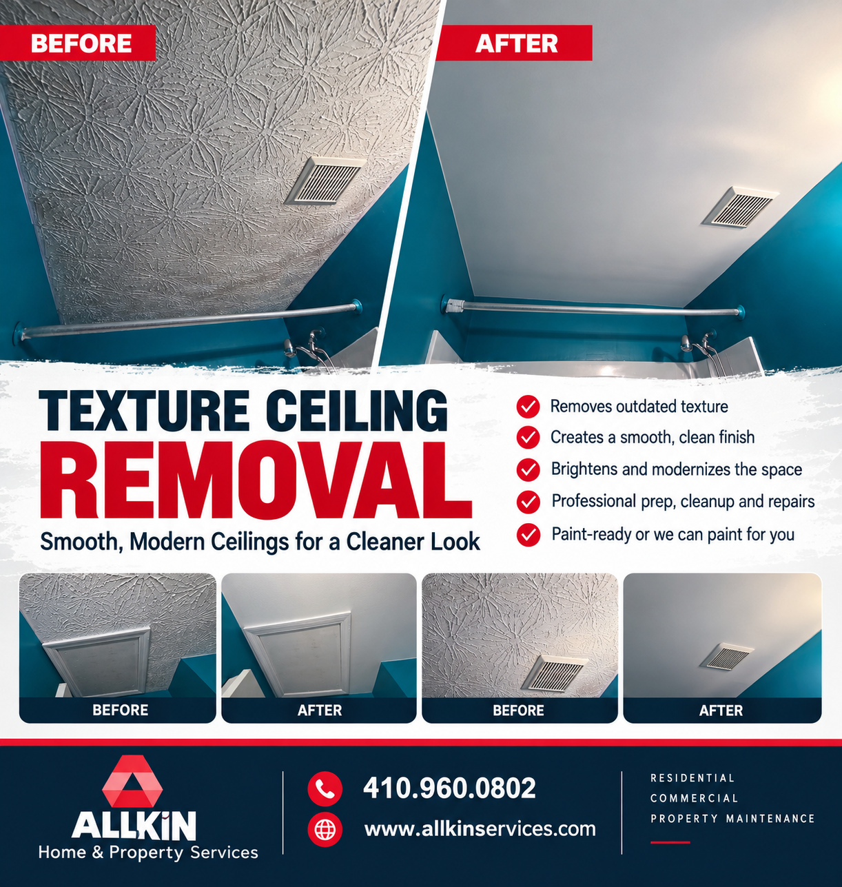 Allkin ceiling texture removal project graphic with bathroom before and after views, including the smooth ceiling around the access panel and vent