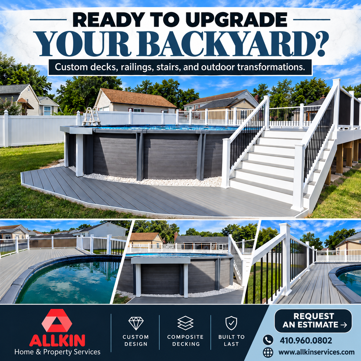 Complete Allkin project graphic showing a gray composite deck around an above-ground pool with white vinyl railings, black balusters and stairs