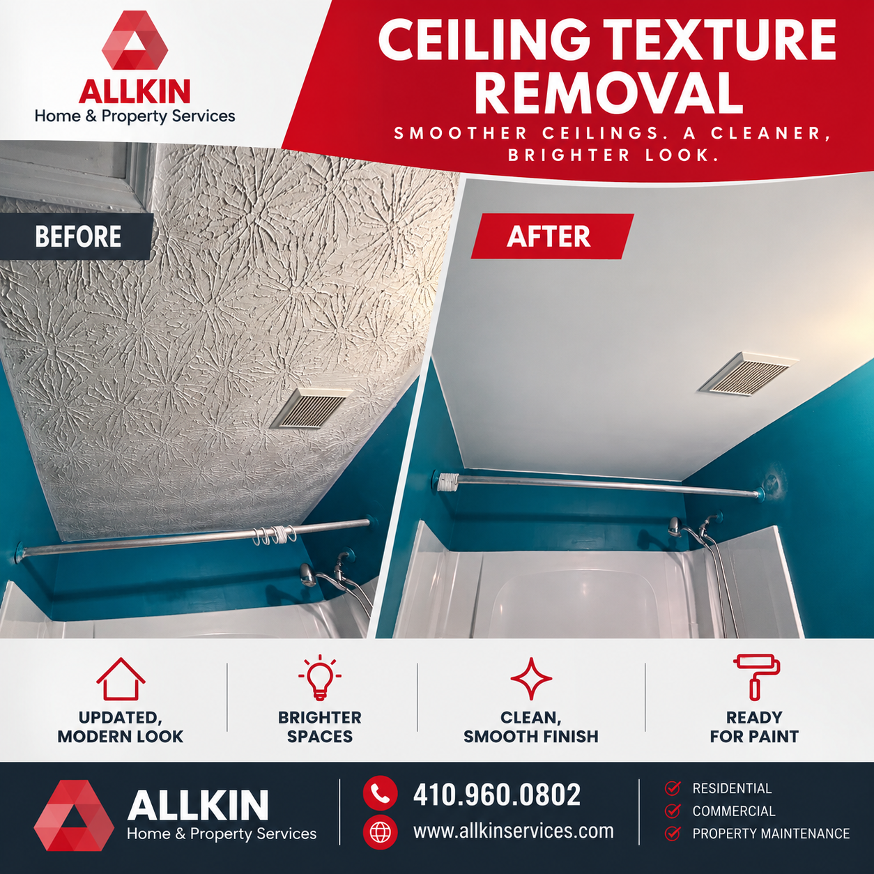 Allkin bathroom ceiling before and after texture removal, showing a textured ceiling beside a smooth ceiling with the complete project graphic